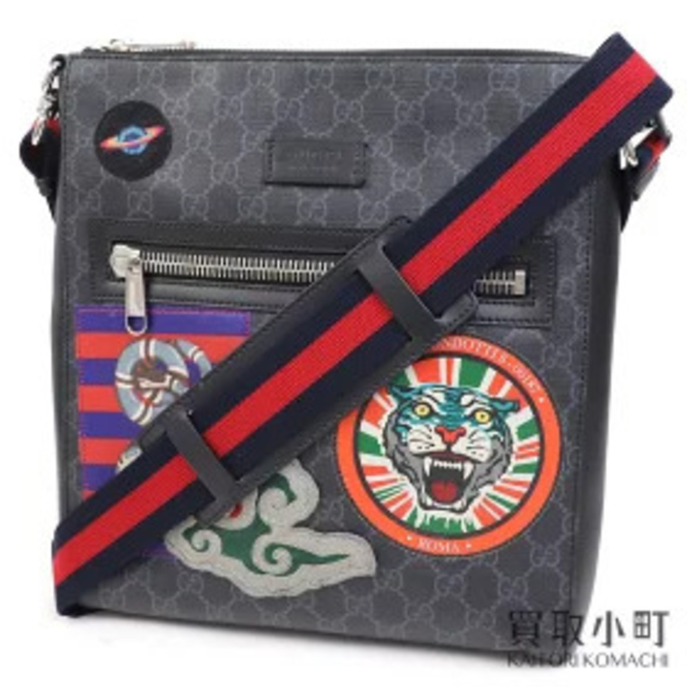 Gucci Courier GG Supreme Messenger Bag Embroidered Applique Tiger Patch Black